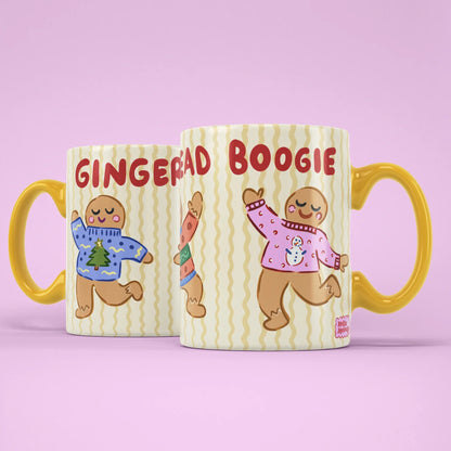 Gingerbread Boogie Mug – two mugs showing front and back of the design