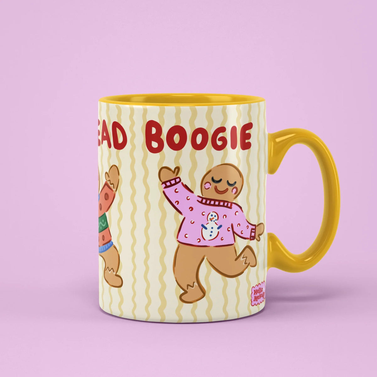 Gingerbread Boogie Mug – dancing gingerbread characters, yellow handle on right