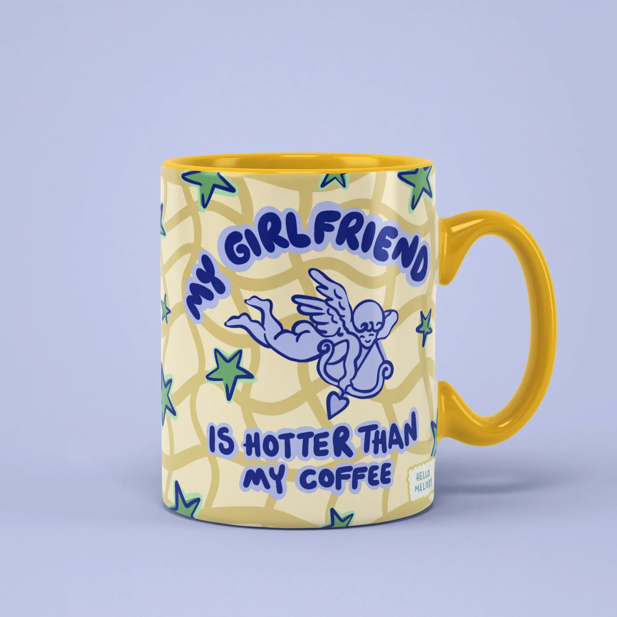 My Girlfriend Is Hotter Than My Coffee Mug – cupid design, yellow handle on right