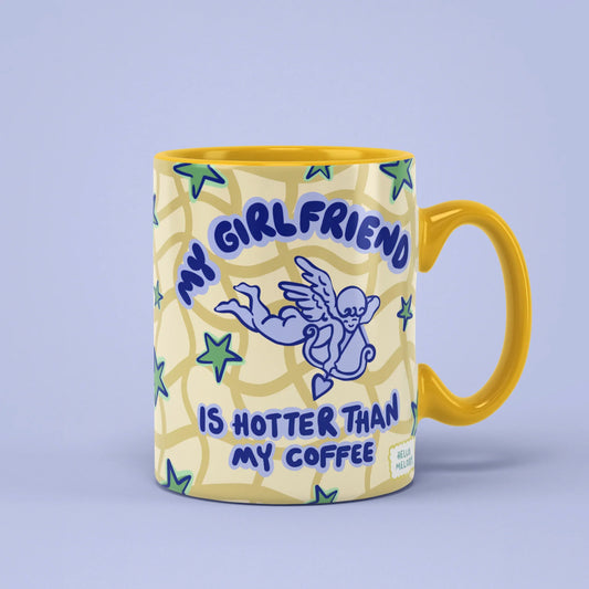 My Girlfriend Is Hotter Than My Coffee Mug – cupid design, yellow handle on right