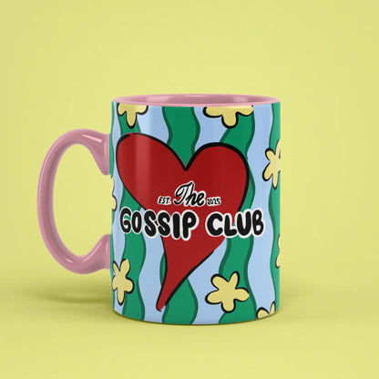 Gossip Club Mug – bestie catch-up cup with pink handle on left
