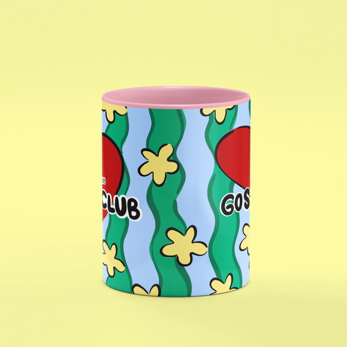 Gossip Club Mug – front view of Gossip Club heart on green stripes