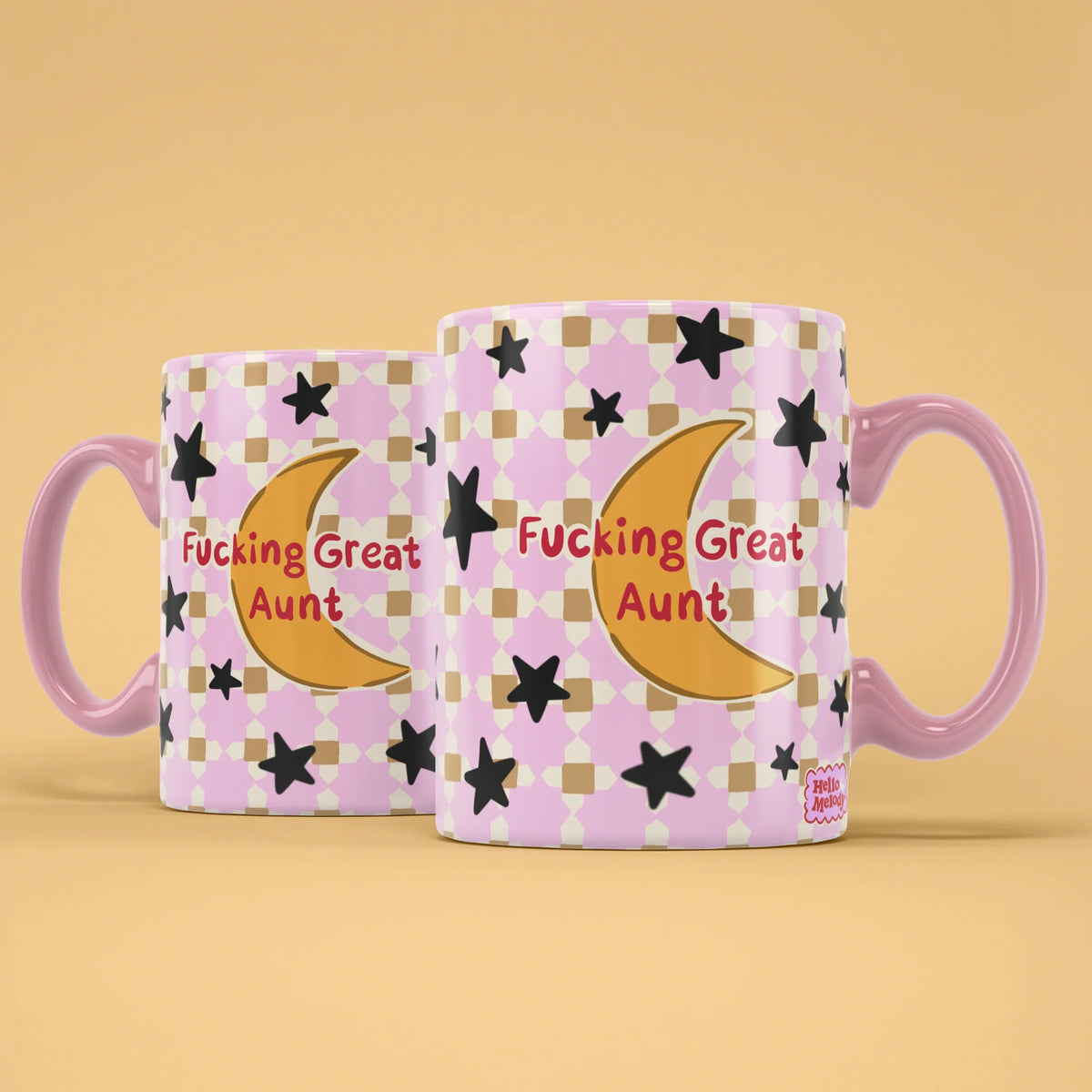 Great Aunt Mug shown from both sides with starry pink design