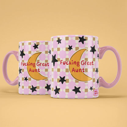 Great Aunt Mug shown from both sides with starry pink design