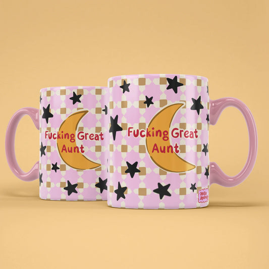 Great Aunt Mug shown from both sides with starry pink design