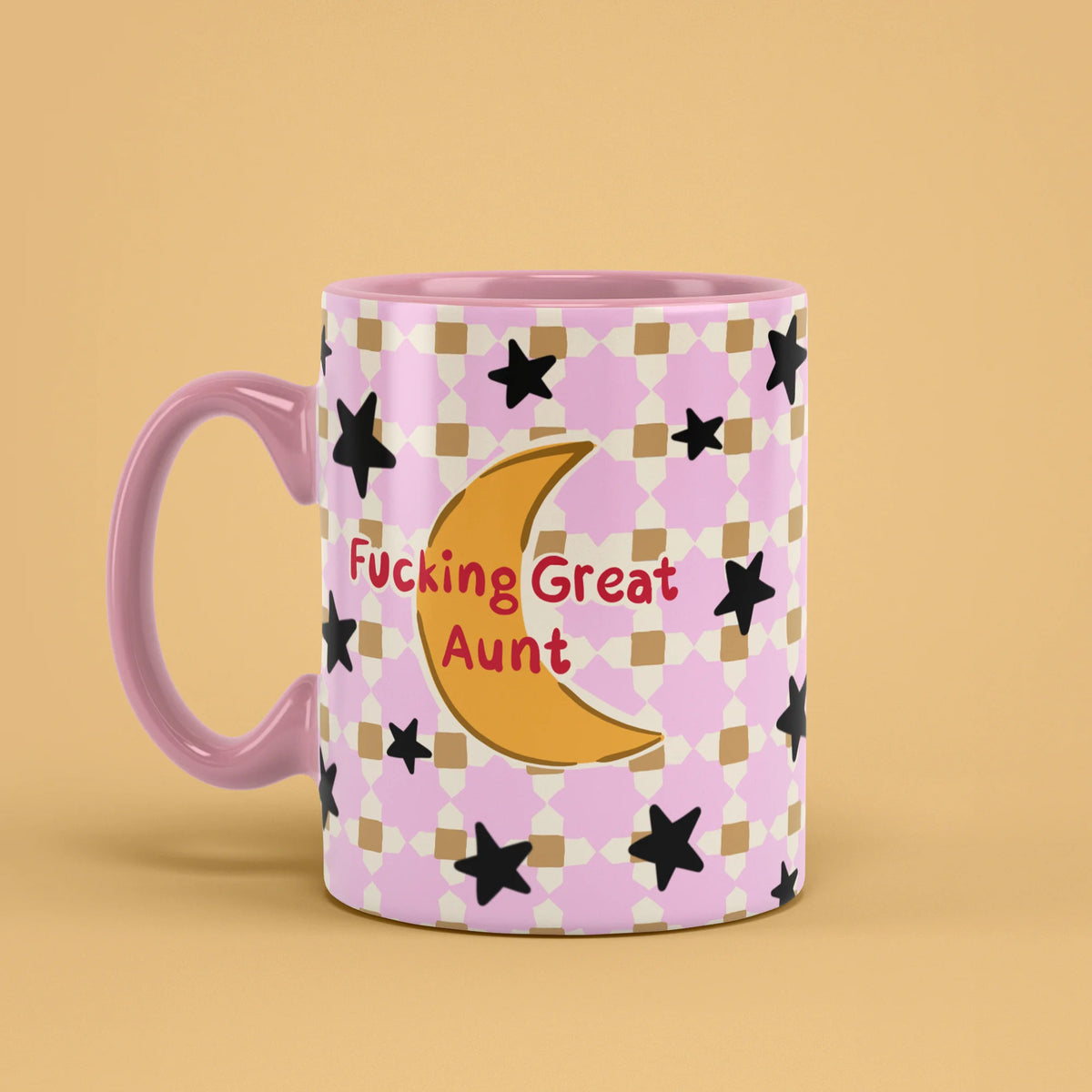 Left view of Great Aunt Mug with pink handle
