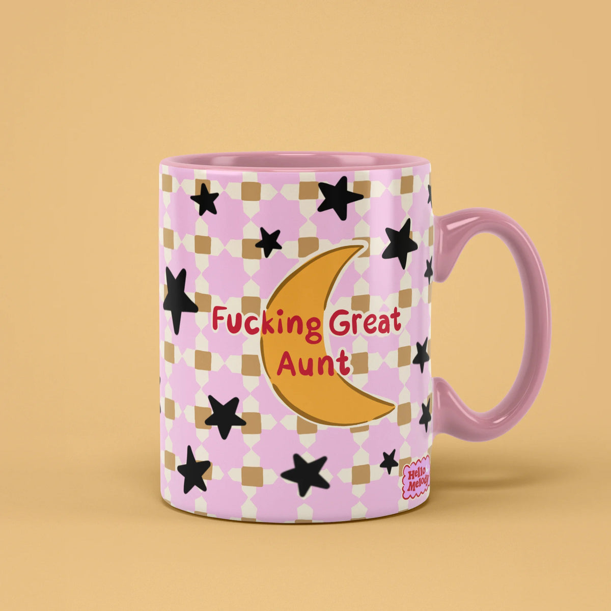 Great Aunt Mug with golden moon and stars on pink checks, cheeky gift for aunts