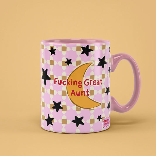 Great Aunt Mug with golden moon and stars on pink checks, cheeky gift for aunts