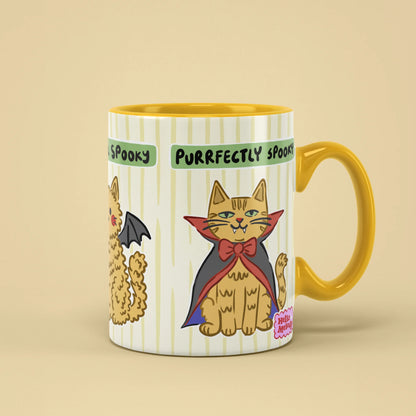Halloween Cats Mug with mummy-wrapped and bat-winged cats, spooky gift