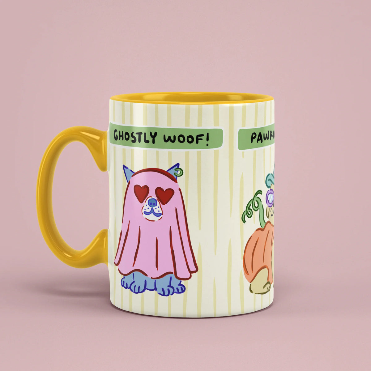 Left view of Halloween Dogs Mug with yellow handle