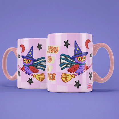 Two Owl You Need Coffee mugs showing both sides of the Halloween design