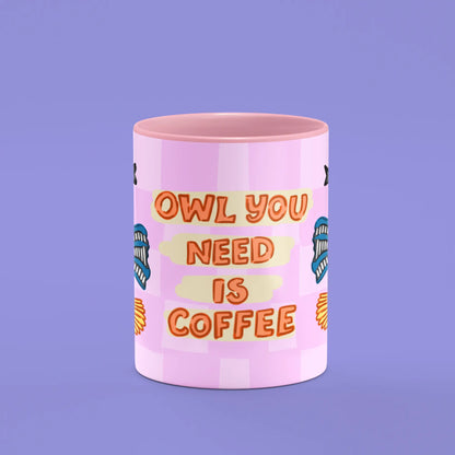 Front view of the Owl You Need Coffee Mug showing the owl on a broomstick