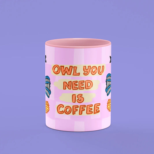 Front view of the Owl You Need Coffee Mug showing the owl on a broomstick