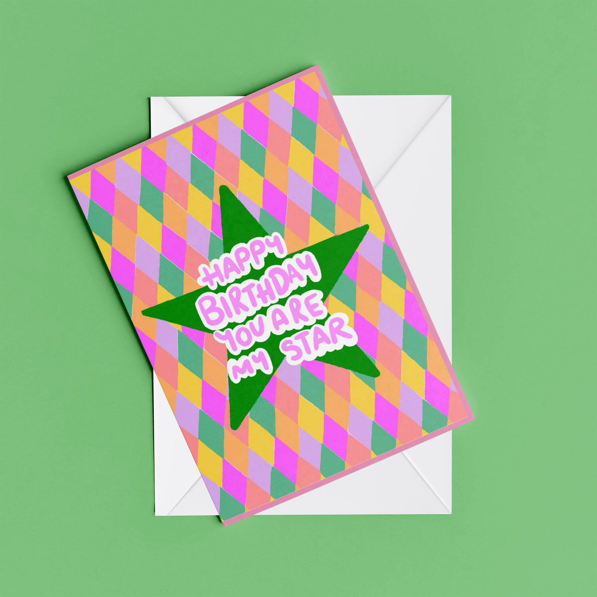 Happy Birthday My Star greeting card – flat lay mock-up with envelope