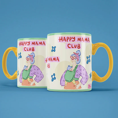Two Happy Mama Club mugs showing both sides of the colourful mum design