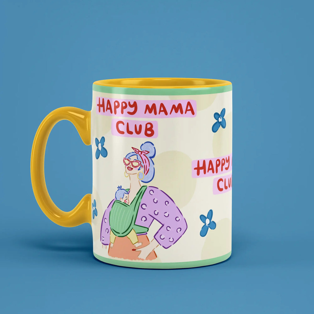 Happy Mama Club Mug with playful illustrations and a yellow handle on the left
