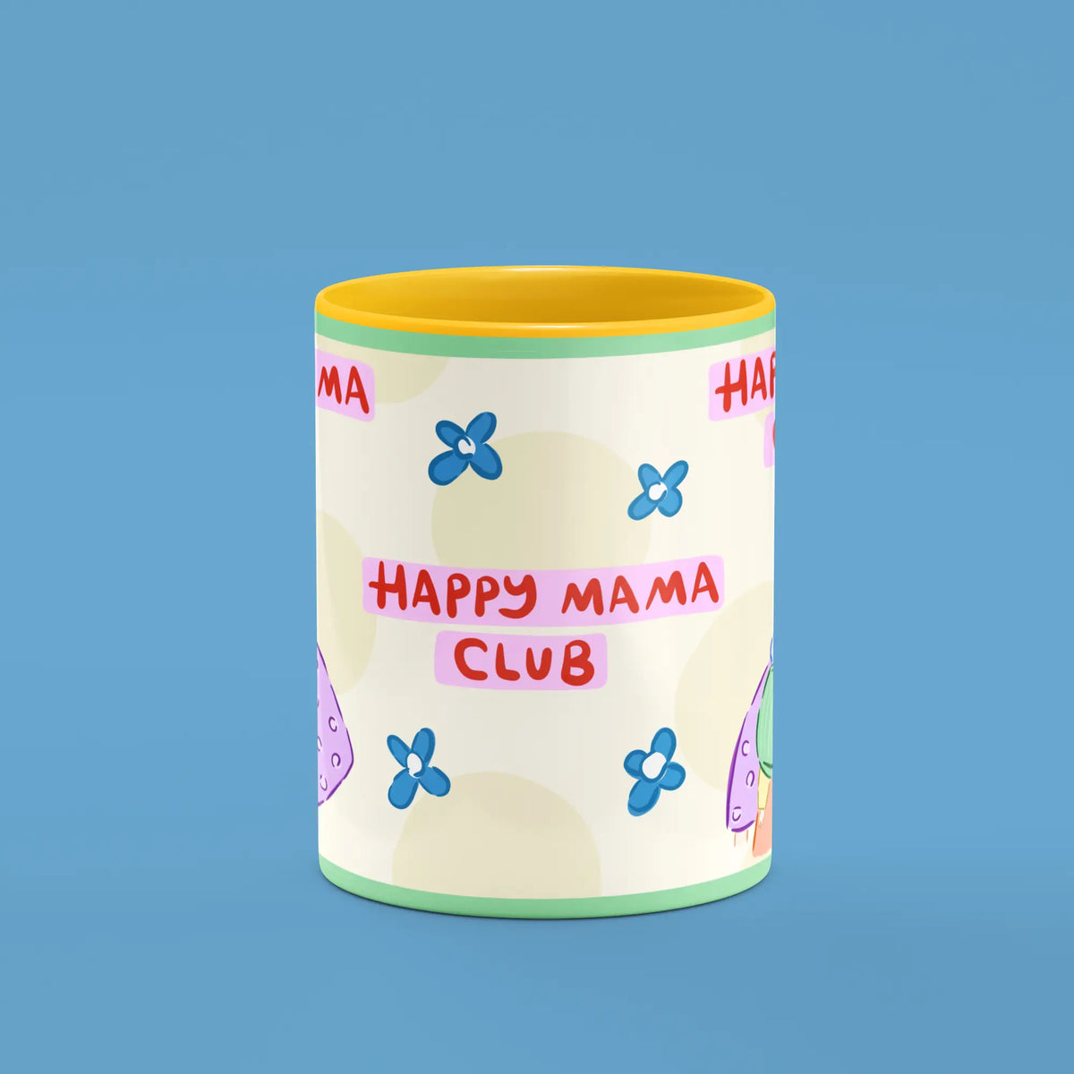 Front view of the Happy Mama Club Mug showing the illustrated mama club scene