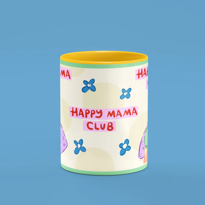Front view of the Happy Mama Club Mug showing the illustrated mama club scene