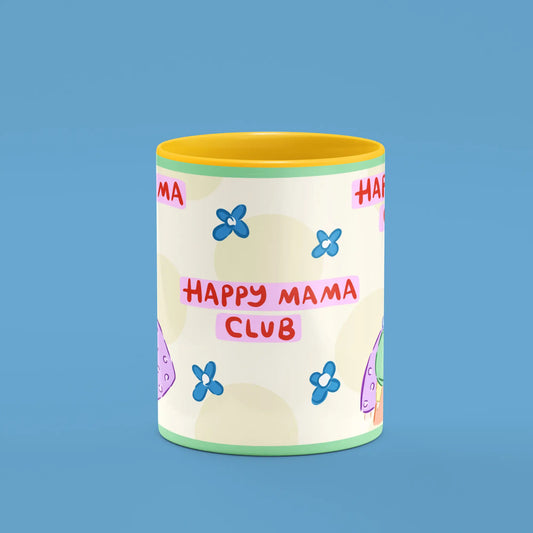 Front view of the Happy Mama Club Mug showing the illustrated mama club scene