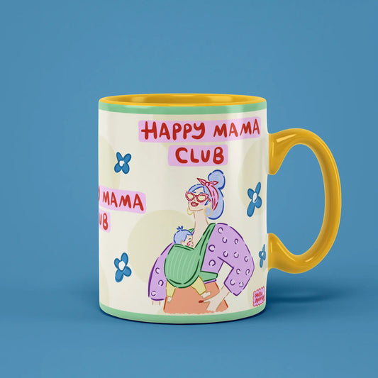 Happy Mama Club Mug with joyful illustrated mums and a yellow handle