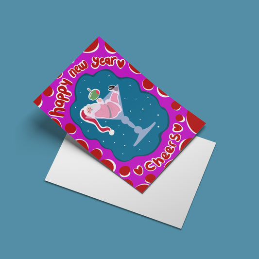 Happy New Year Cheers greeting card – angled mock-up with envelope
