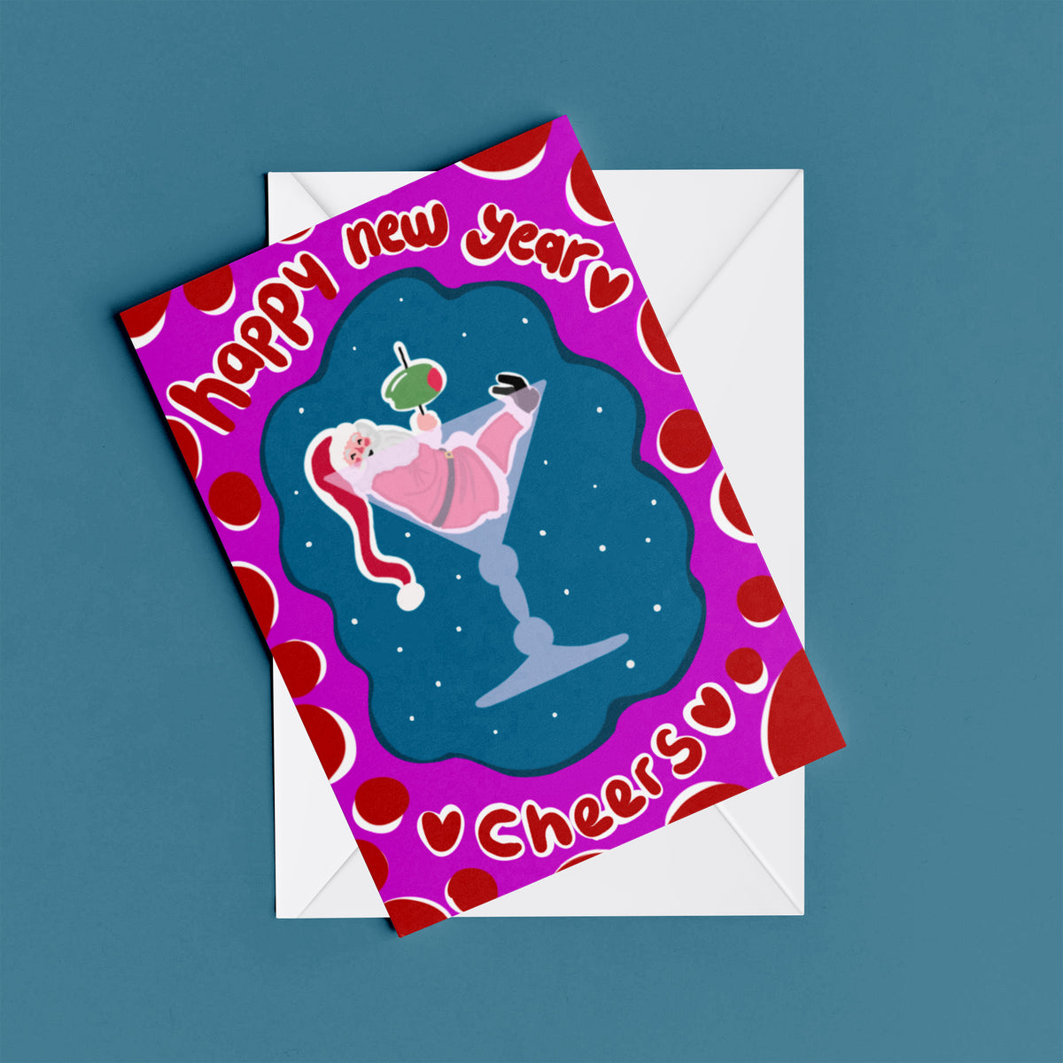 Happy New Year Cheers greeting card – flat lay mock-up with envelope
