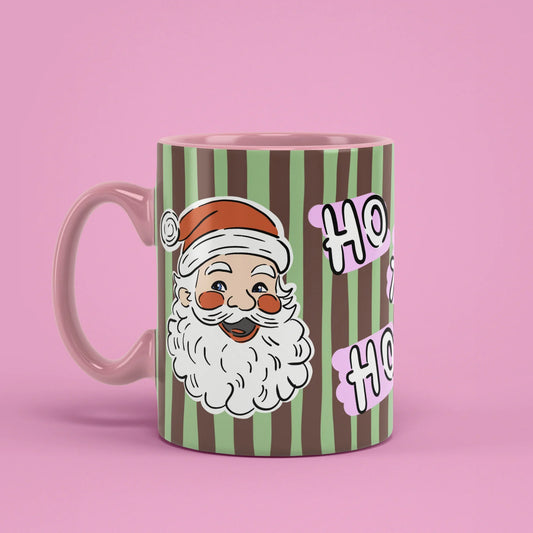 Ho Ho Ho Mug – vintage Christmas cup with pink handle on left
