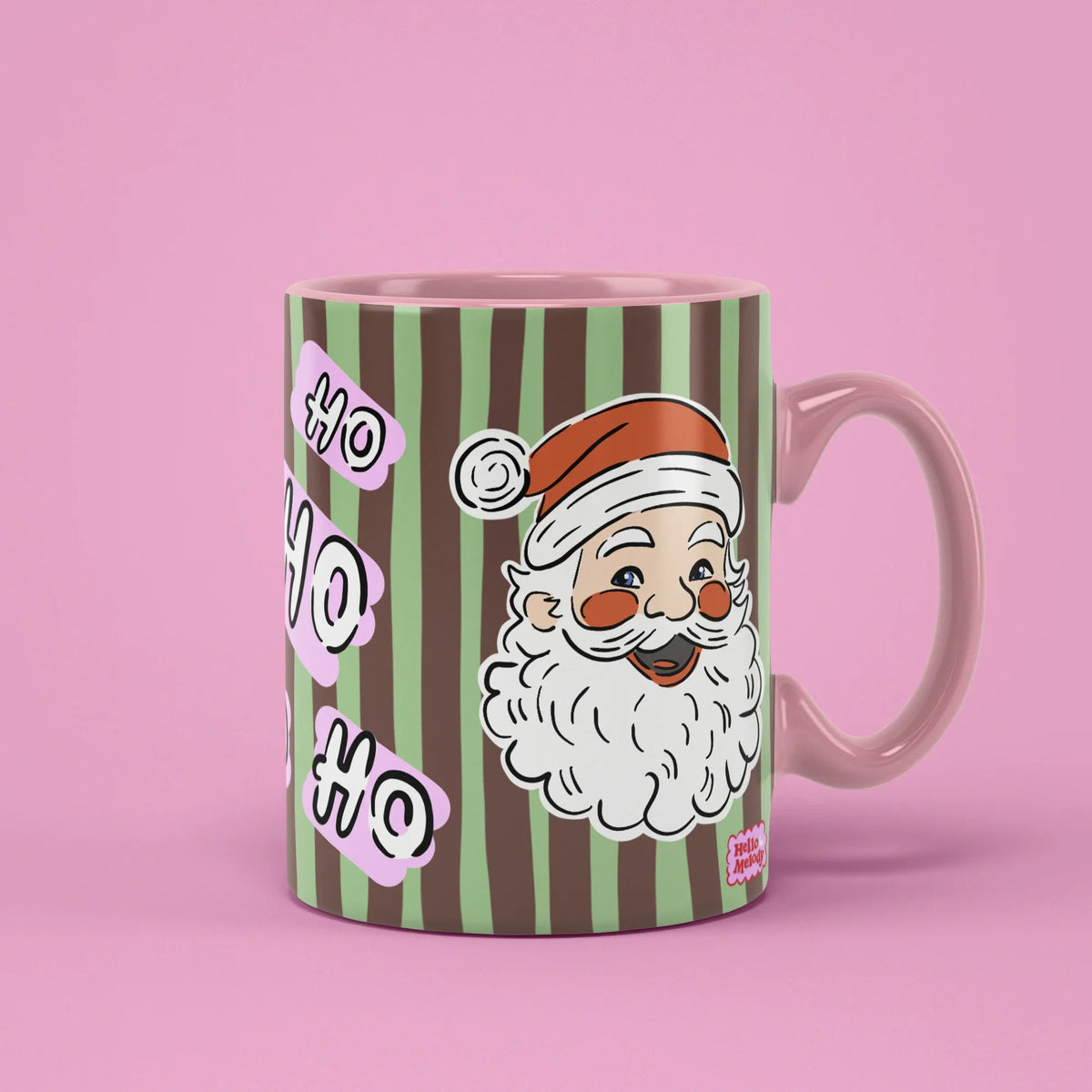 Ho Ho Ho Mug – retro Santa on green and brown stripes, pink handle on right