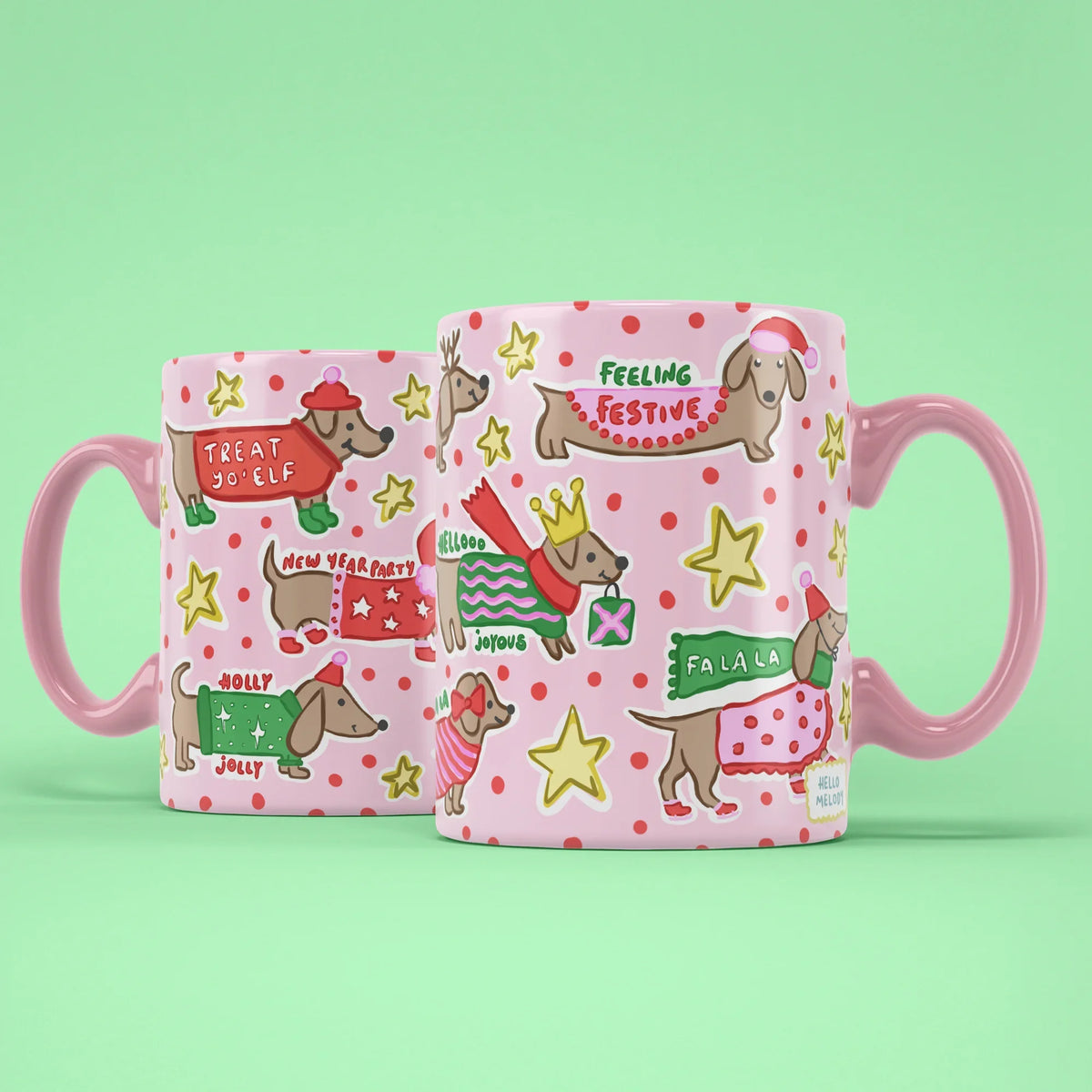 Ho Ho Ho Sausage Dog Mug – two mugs showing the front and back of the festive dachshund design