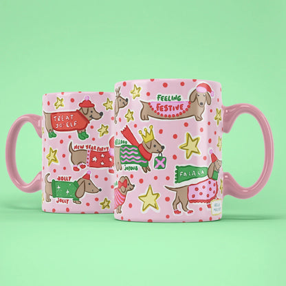 Ho Ho Ho Sausage Dog Mug – two mugs showing the front and back of the festive dachshund design