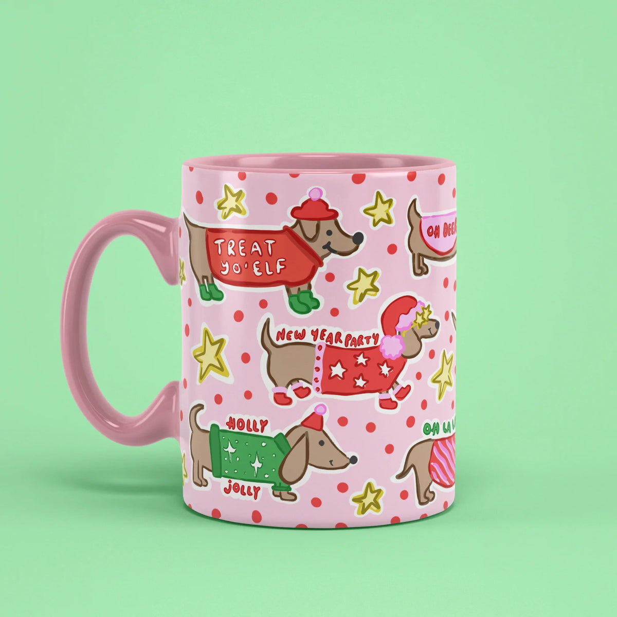 Ho Ho Ho Sausage Dog Mug – treat yo elf and oh deer detail, pink handle on left