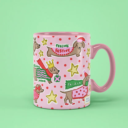 Ho Ho Ho Sausage Dog Mug – dachshunds in Christmas jumpers, pink handle on right