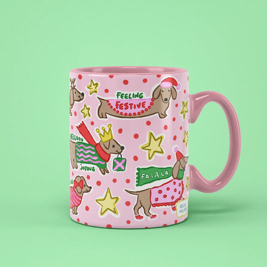 Ho Ho Ho Sausage Dog Mug – dachshunds in Christmas jumpers, pink handle on right
