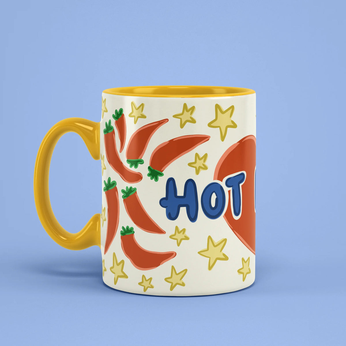 Left view of Hot Dada Mug with red chillies and stars design