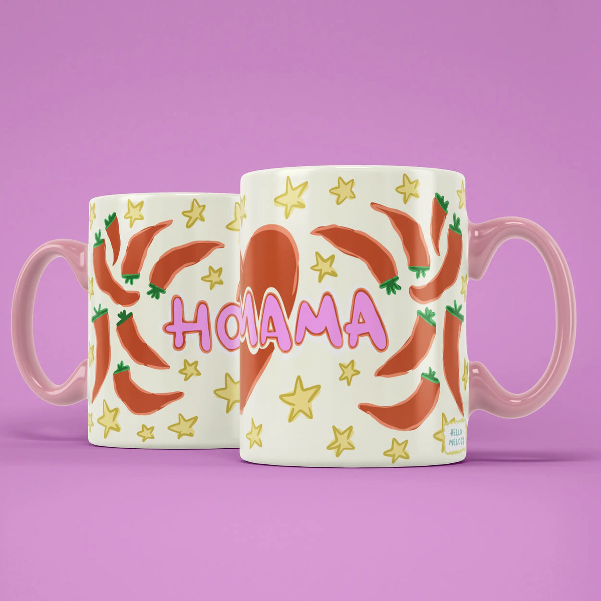 Two Hot Mama mugs showing both sides of the colourful chilli design