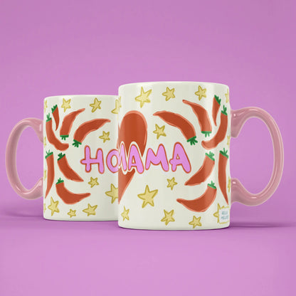 Two Hot Mama mugs showing both sides of the colourful chilli design