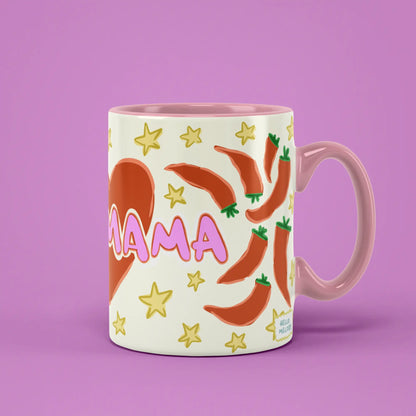 Hot Mama Mug with chilli pepper illustrations, stars and a pink handle