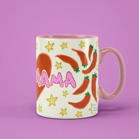 Hot Mama Mug with chilli pepper illustrations, stars and a pink handle