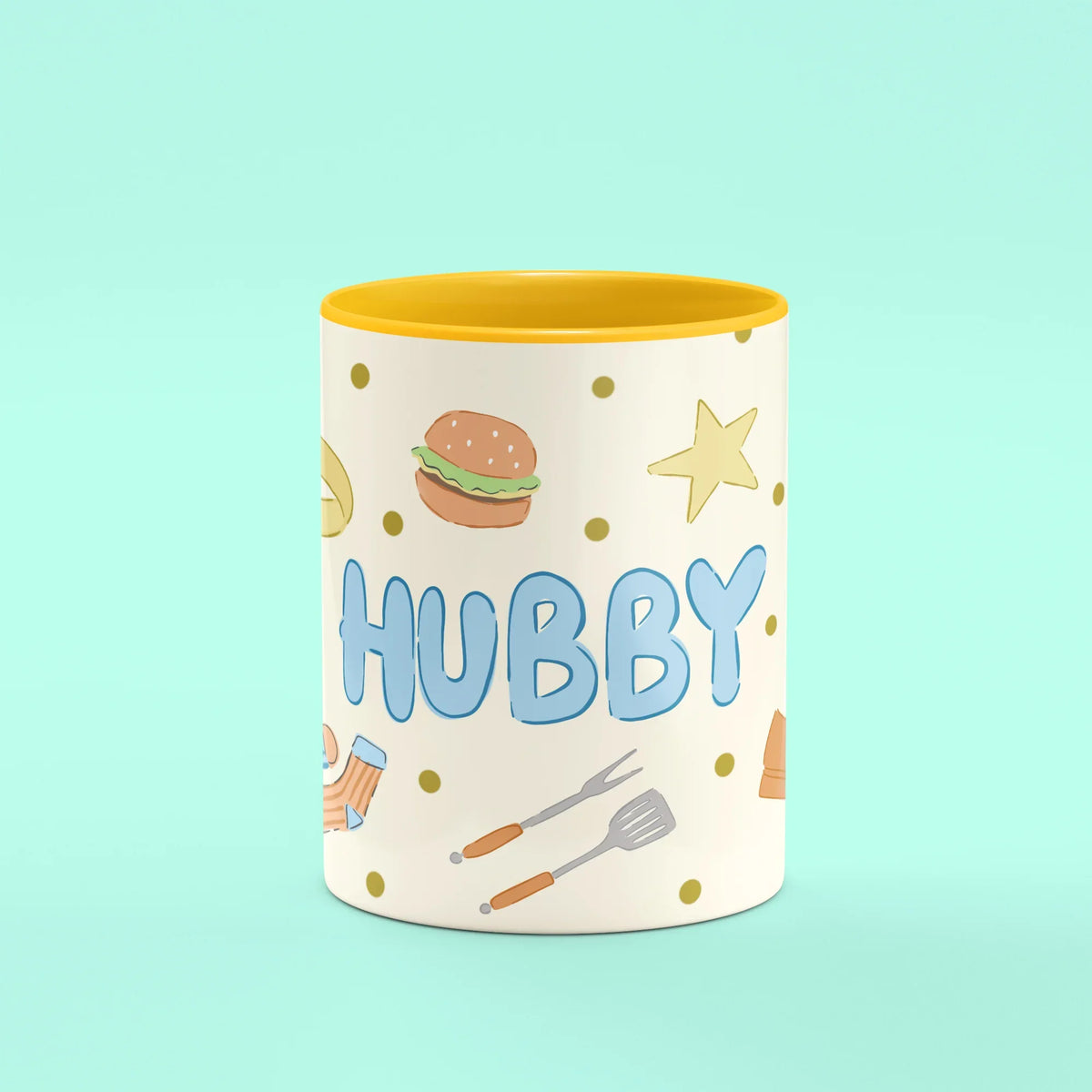 Hubby Mug – front view of Hubby lettering with doodles