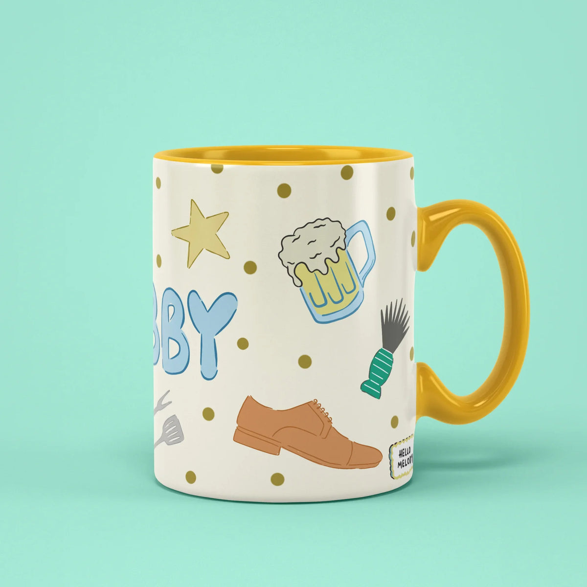 Hubby Mug – beer, rings and married life doodles, yellow handle on right