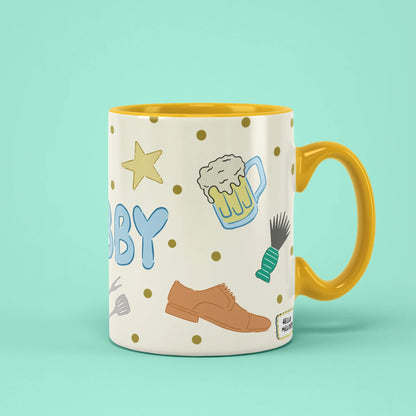 Hubby Mug – beer, rings and married life doodles, yellow handle on right