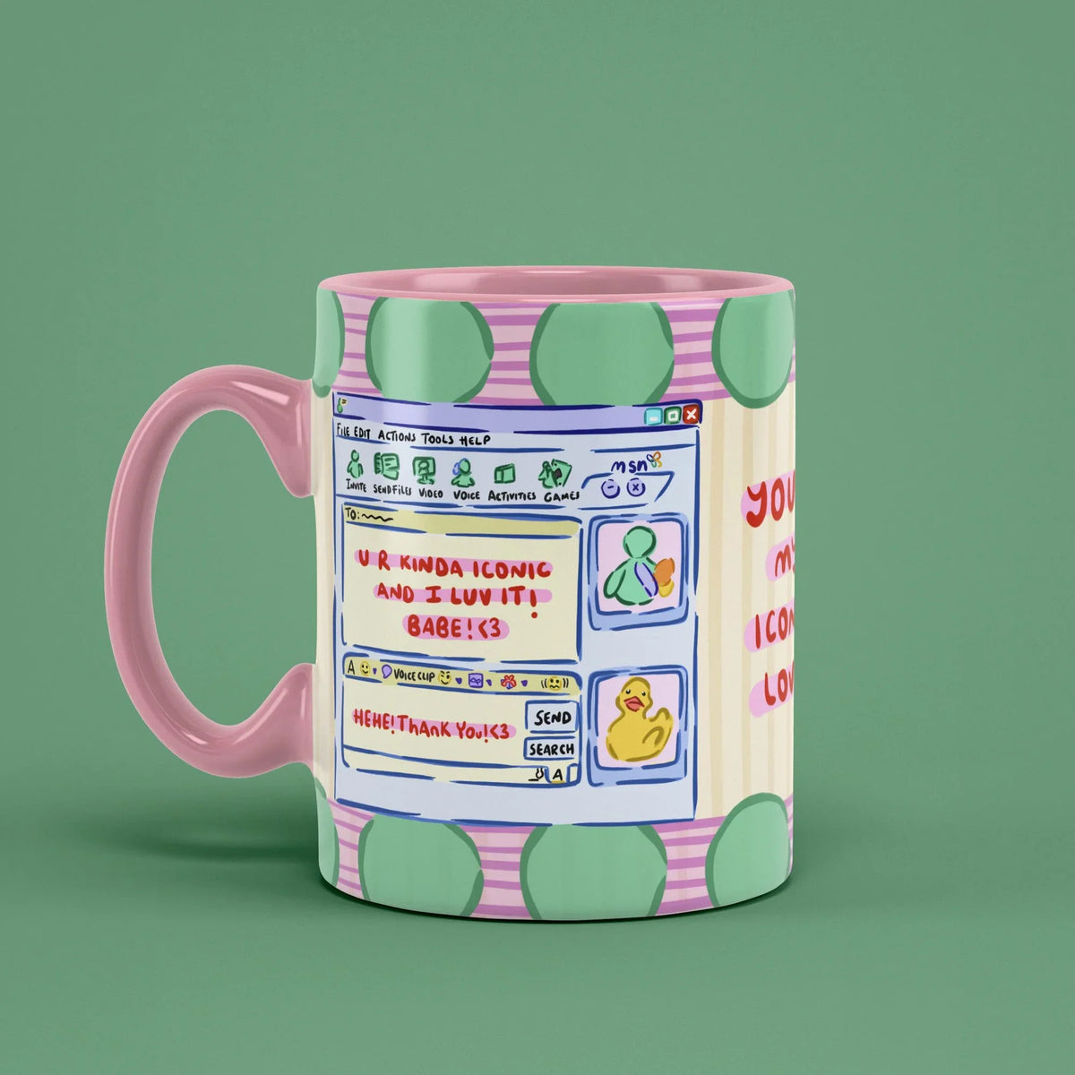 Iconic Love Mug – retro chat window design, pink handle on right