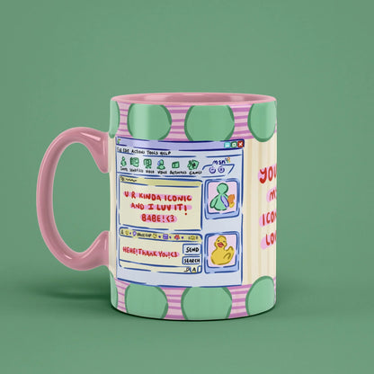 Iconic Love Mug – retro chat window design, pink handle on right