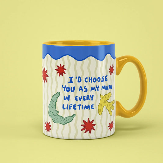 I'd Choose You As My Mum Mug – blue lettering with red stars, yellow handle on right