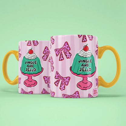 Jelly Mug shown from both sides with pink bow pattern