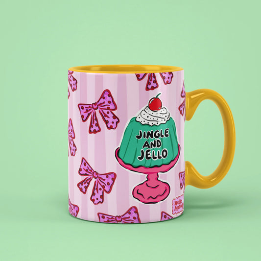 Jingle and Jello Mug with jelly illustration and pink bows, festive fun