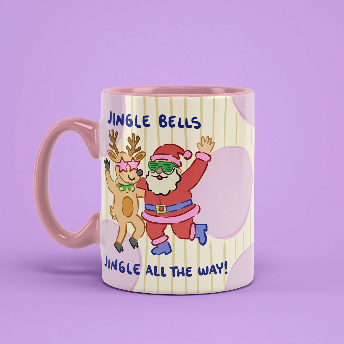 Jingle Bells Mug – festive cup with pink handle on left