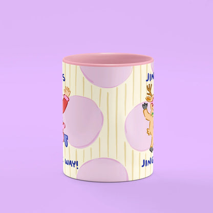 Jingle Bells Mug – front view of Santa and reindeer with Jingle All the Way