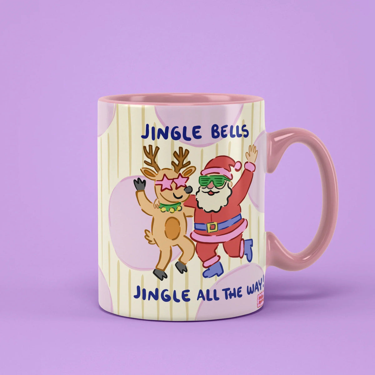 Jingle Bells Mug – Santa and reindeer chorus, pink handle on right