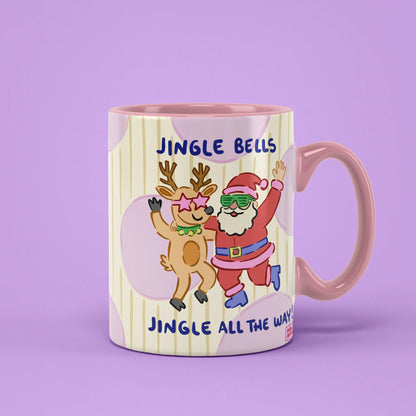 Jingle Bells Mug – Santa and reindeer chorus, pink handle on right